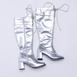 60's Style Retro GoGo Boots-Silver Knee High Heeled Boots - 7 Womens